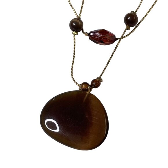 Icing Choker Necklace Brown Stone Pendant Beaded Gold Chain Jewelry u - Picture 5 of 7